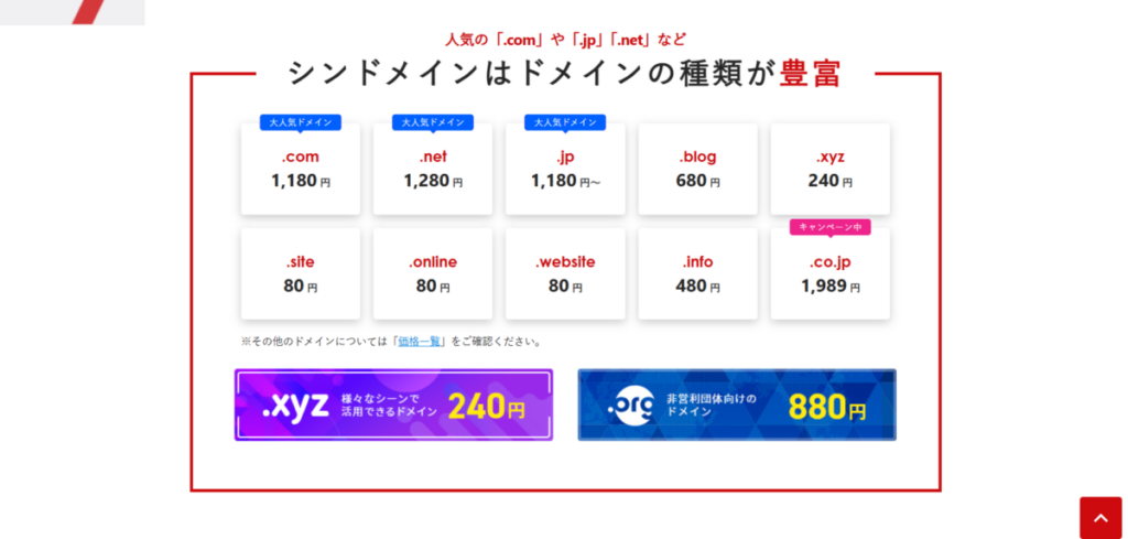 シンドメイン料金表画面