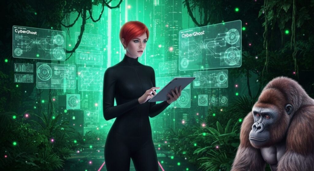 cyberghostを使っているタブレットを持った女の人