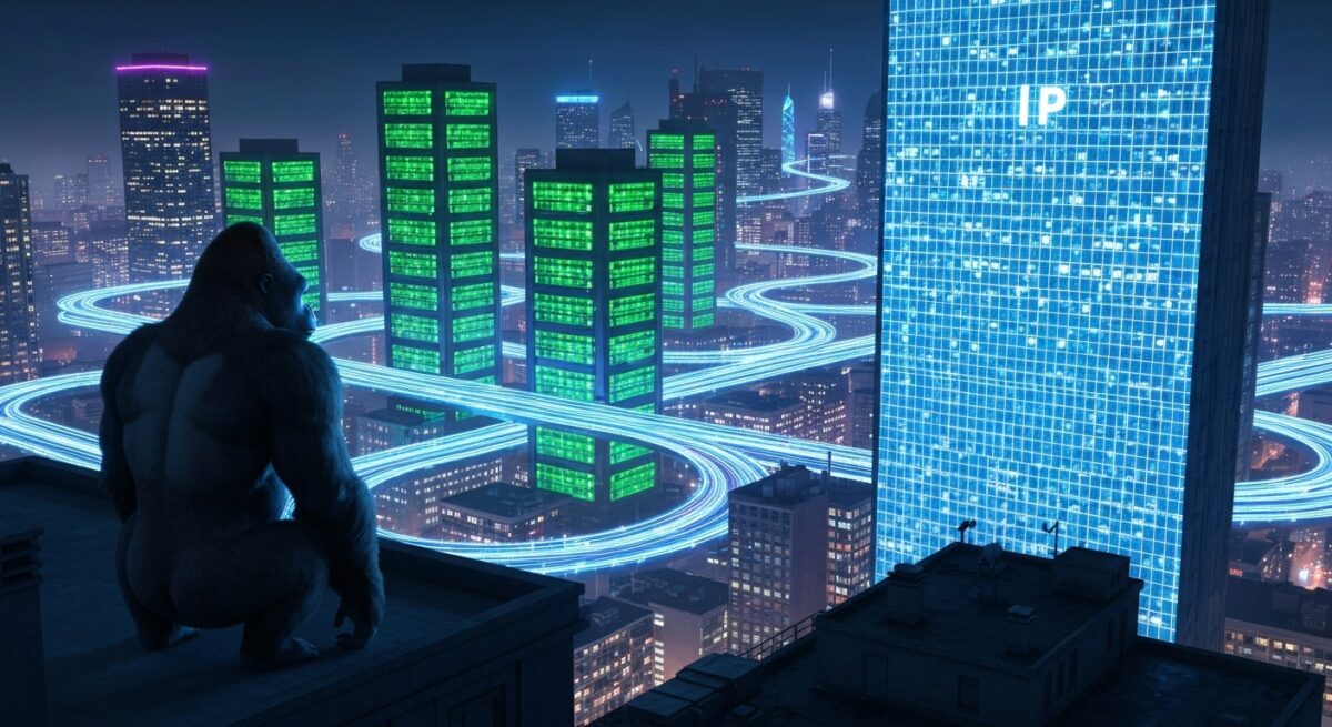 夜の都市に浮かぶ立体道路と「IP」の文字が浮かぶビルで、ドメイン名とIPアドレスを都市風に表現