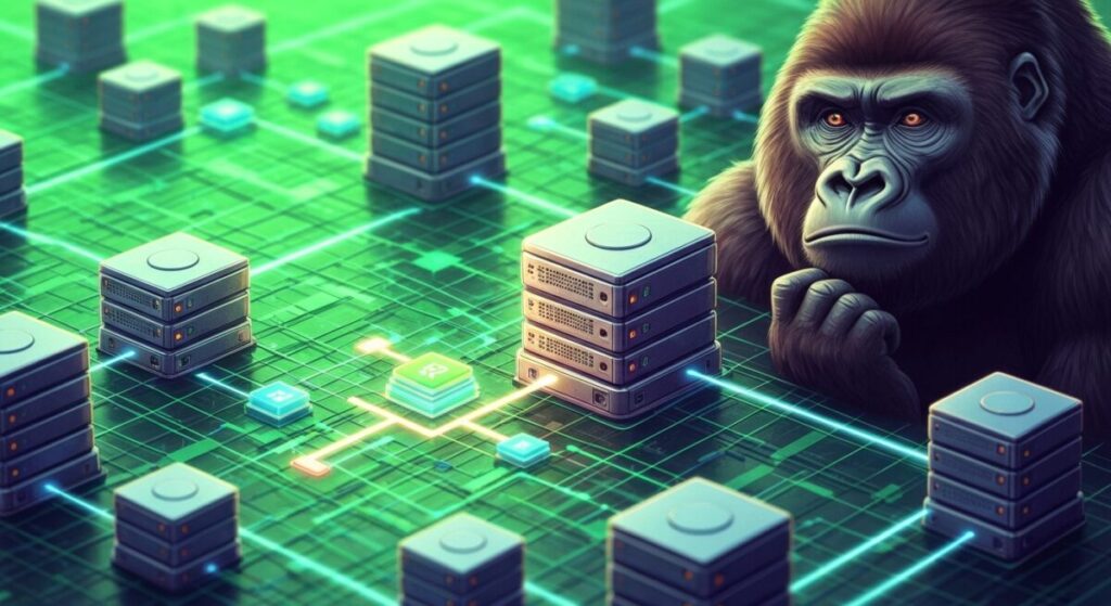 回路上のサーバーと光の通信線で、ドメイン名とIPアドレスの構造を表現