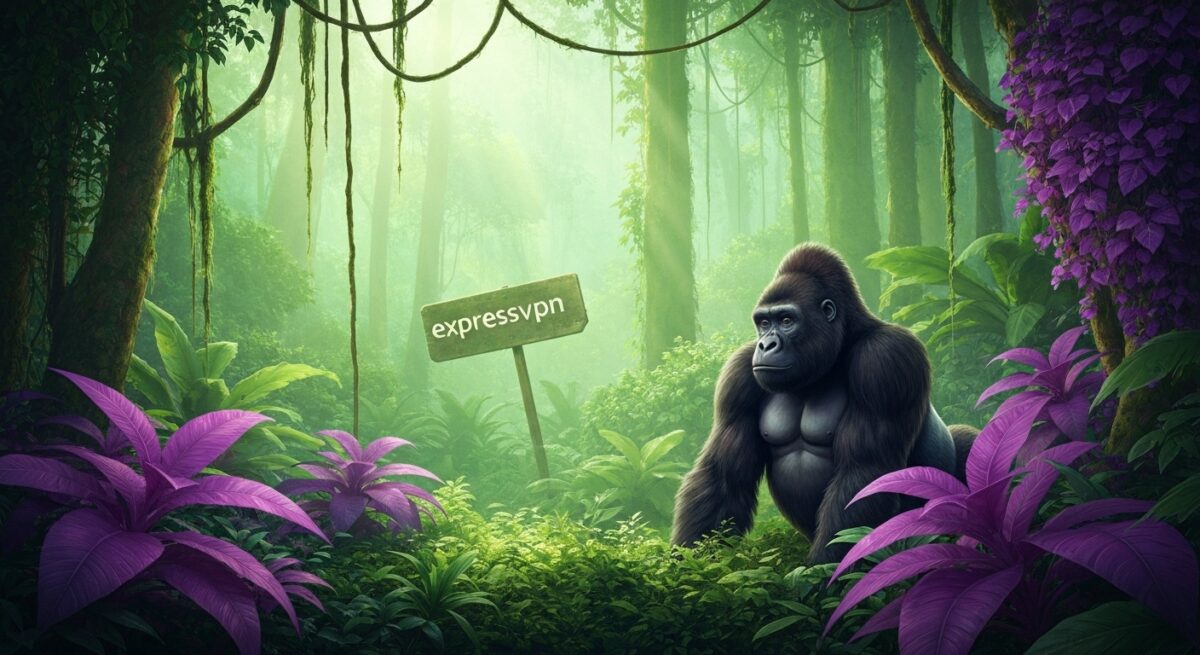 ジャングルの中にExpressVPNの看板が立っているクーポンイメージ