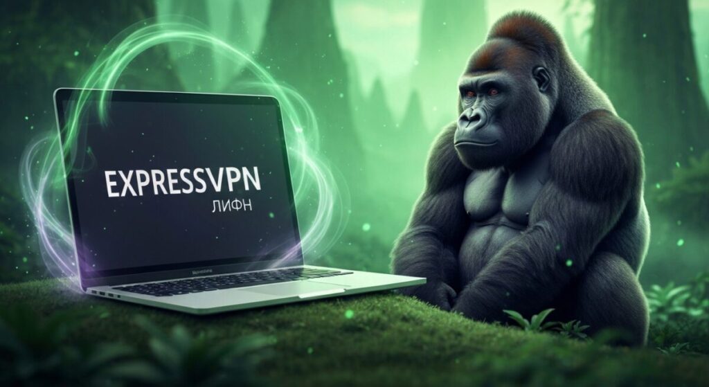 森の中に置かれたノートPCにexpressvpnの文字が表示されている