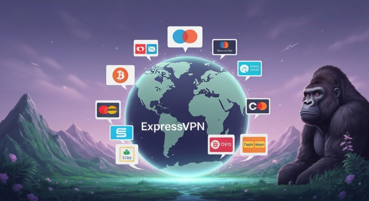 地球の周囲にさまざまな支払いロゴが浮かび、ExpressVPNのロゴが中央に配置されている