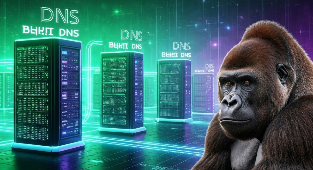 ムームードメインのDNSサーバー群が光るデータセンター内に並んでいるイメージ図