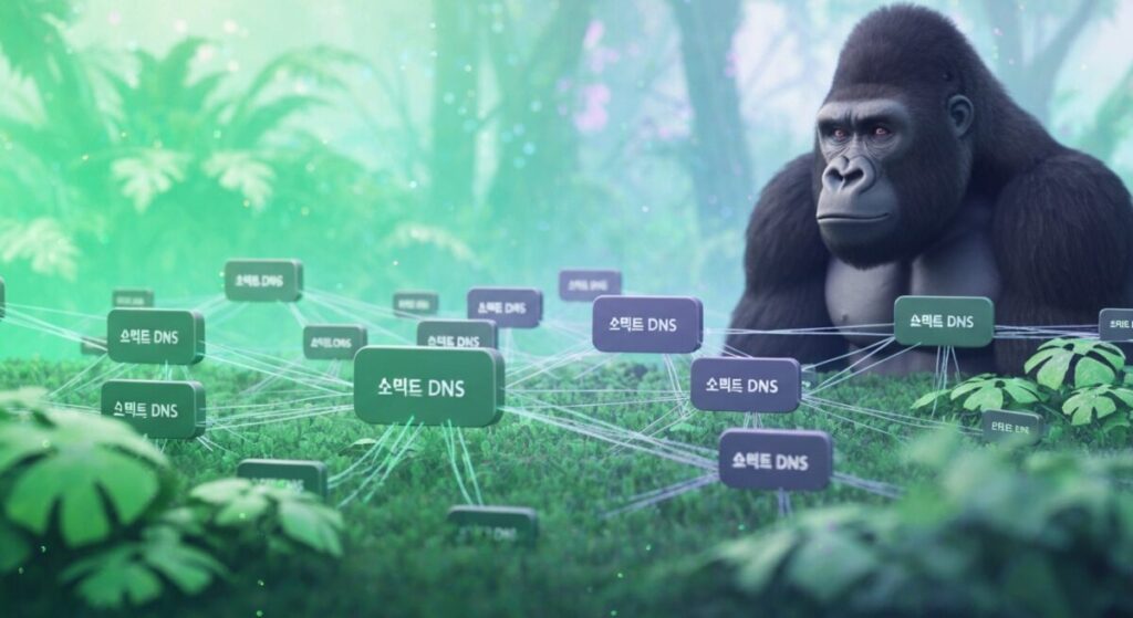 ムームードメインのDNS接続がネットワーク状に広がる自然空間のイメージ