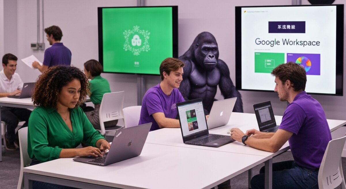 Google Workspaceのグラフや設定画面を表示したモニターを囲んで会議しているオフィスの様子