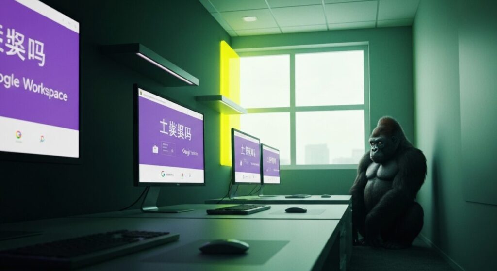 Google Workspaceの設定画面が複数のモニターに表示されている暗めのオフィスの様子