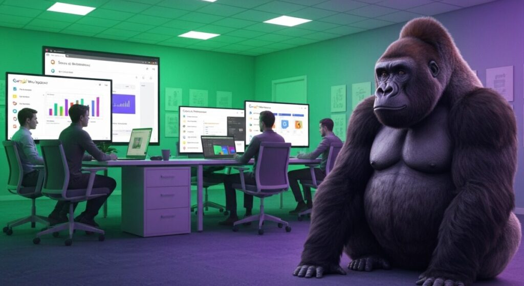Google Workspaceの画面を見ながらチームで作業している会議室の様子