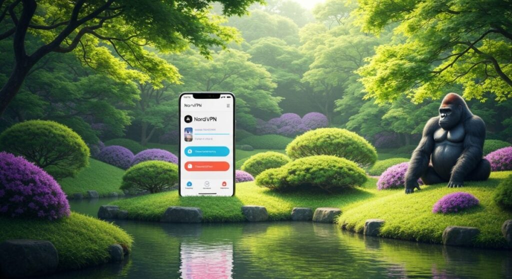 nordvpn 解約を表示する日本庭園とスマホ