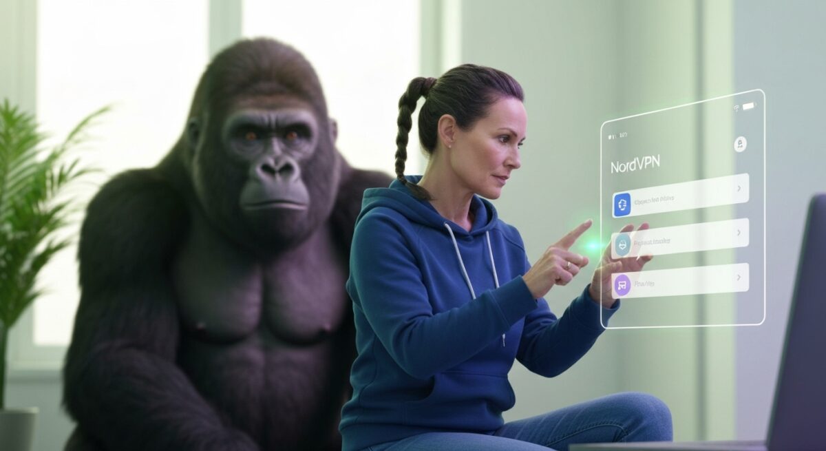 NordVPN 使い方を学ぶ女性とデジタル操作画面