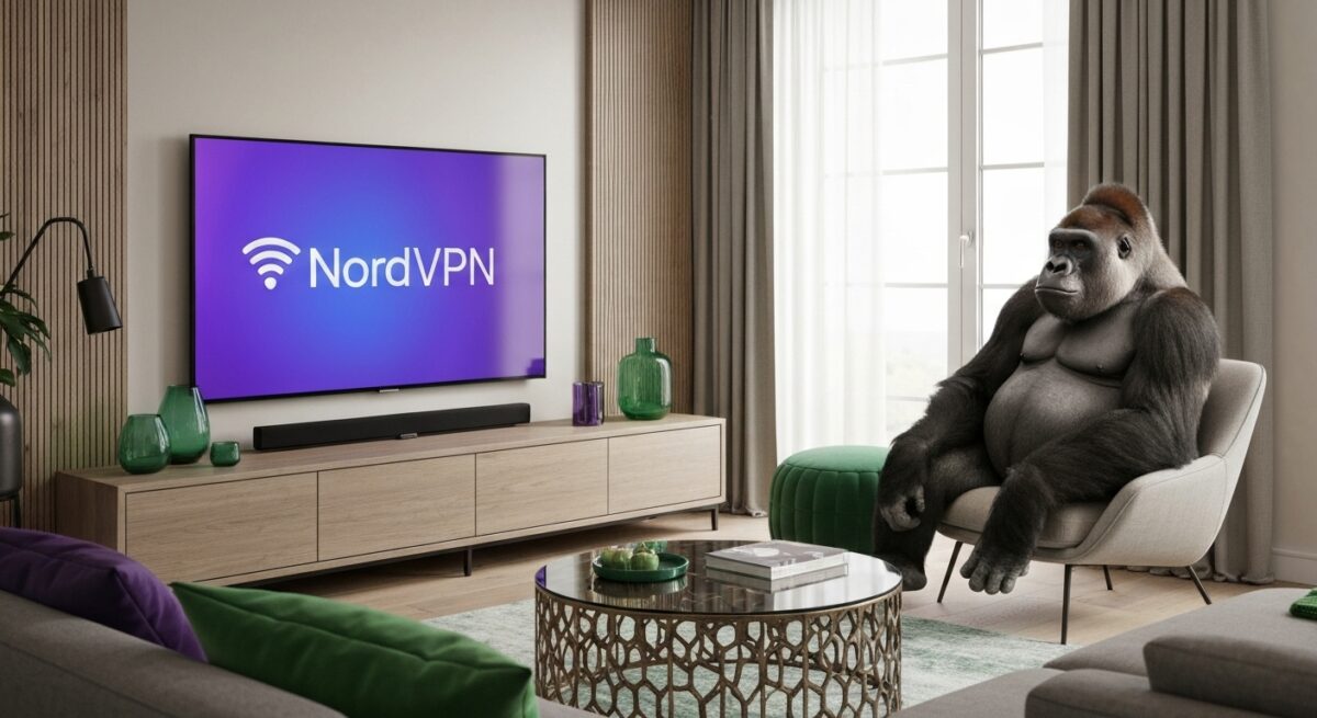NordVPNを表示したテレビが置かれた落ち着いた雰囲気の部屋
