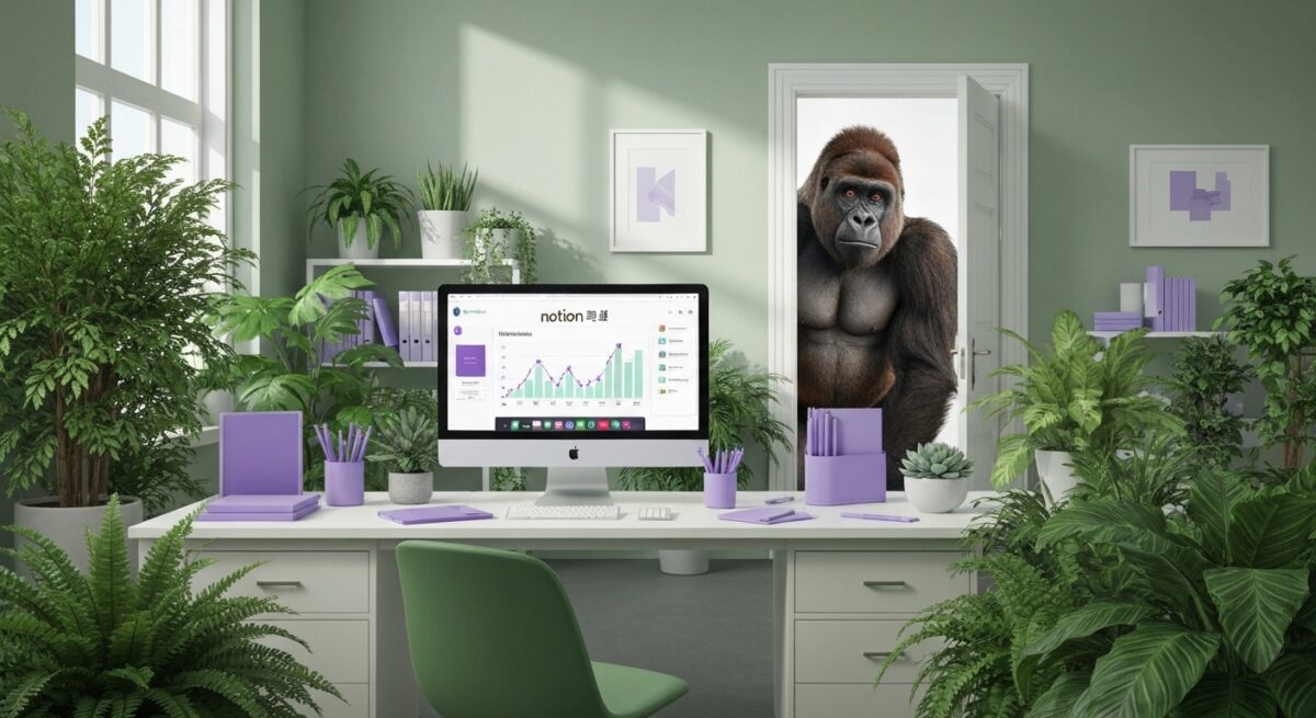notionの画面のパソコンと観葉植物