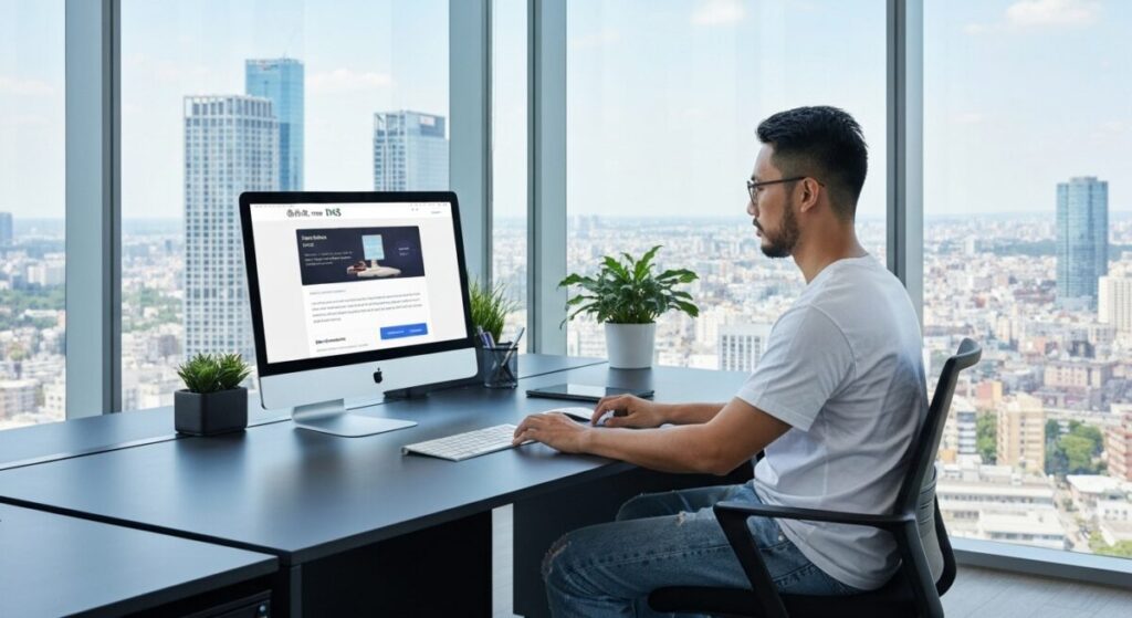 ガラス張りのオフィスでDNS設定作業をする男性