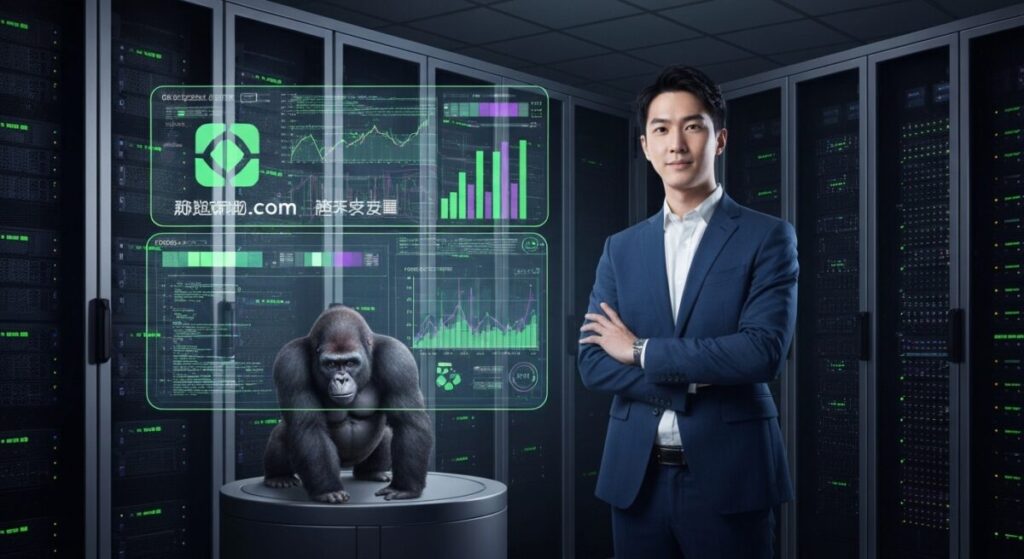 サイバーなパネルとこちらを見ている男性