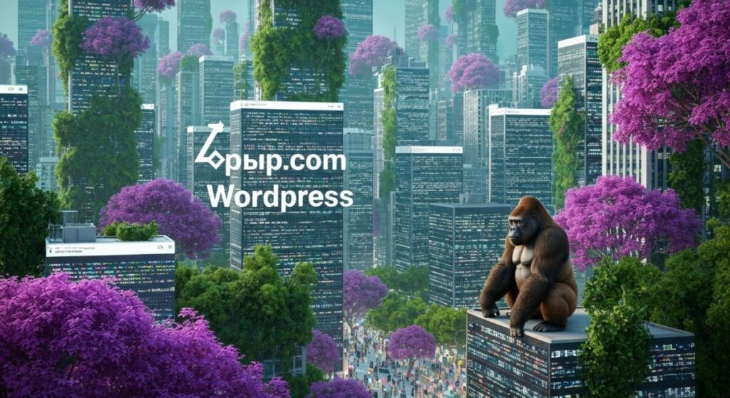 WordPressが表示された高層ビル群と紫色の木々