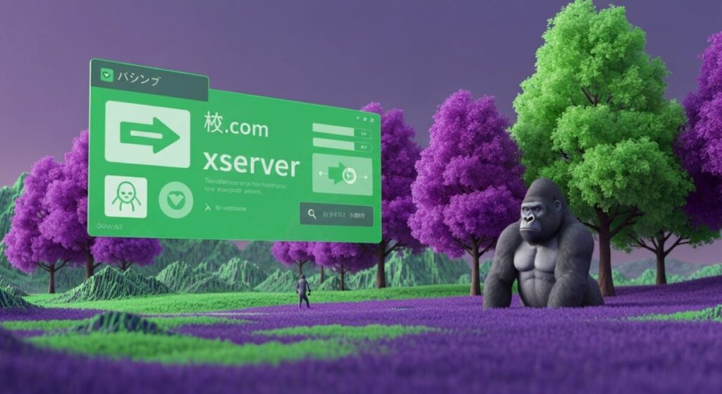 幻想的な草原と森に浮かぶお名前.comとxserverのデジタルウィンドウ