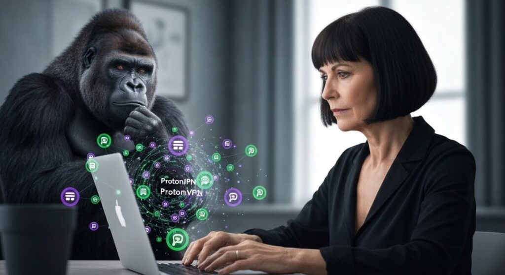 ProtonVPNの使い方をパソコンで調べている女の人