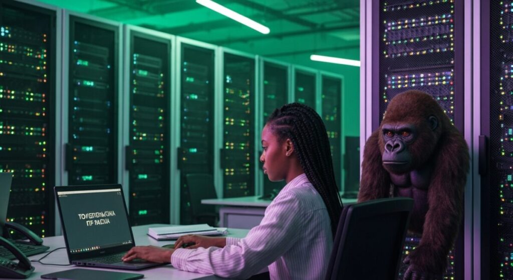 レンタルサーバー室でメールを送る女性