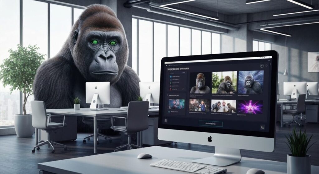 大きいゴリラとオフィスのモニター