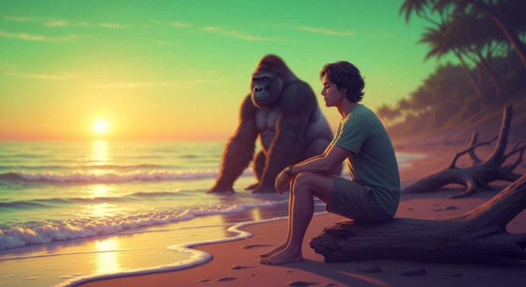 夕日に照らされた浜辺と男性