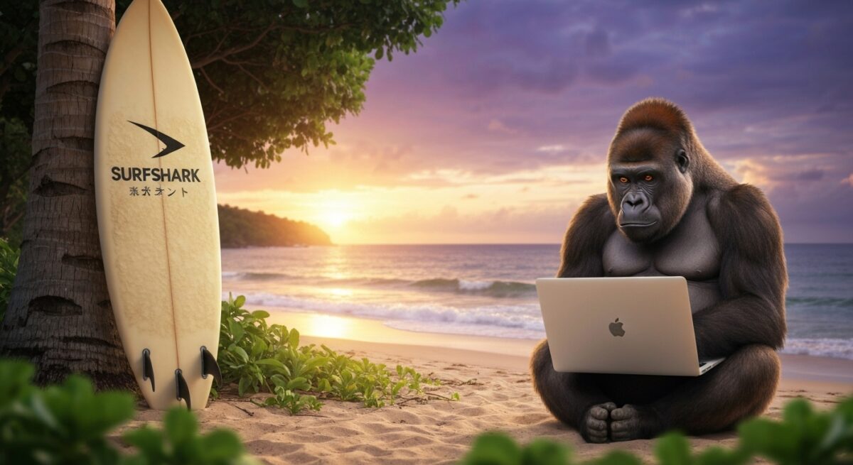 夕日の海辺でパソコンを開いているゴリラ