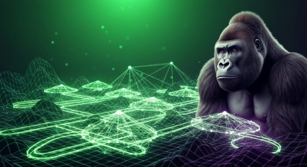 仮想ネットワークのような緑の立体構造が広がるイメージ。