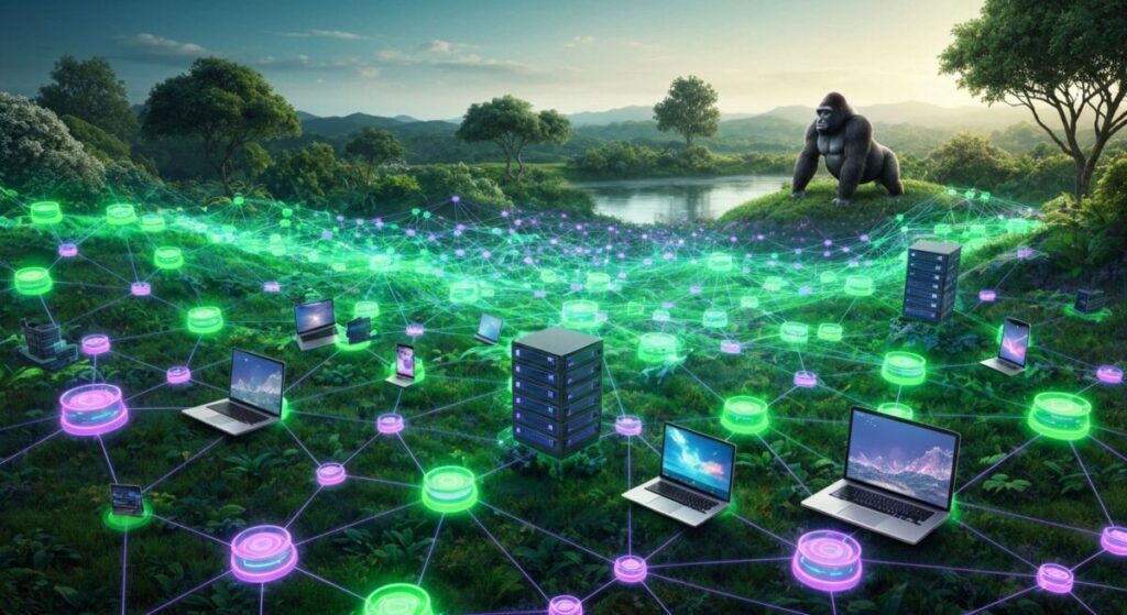 草原に広がるVPNネットワークが複数の端末に接続するイメージ