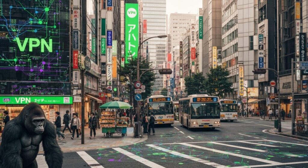 街でVPNを使うイメージ