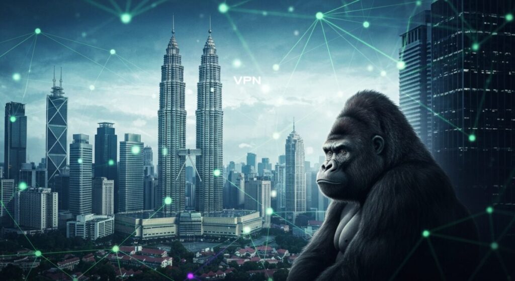 マレーシアの町並みとVPNのサイバーイメージ