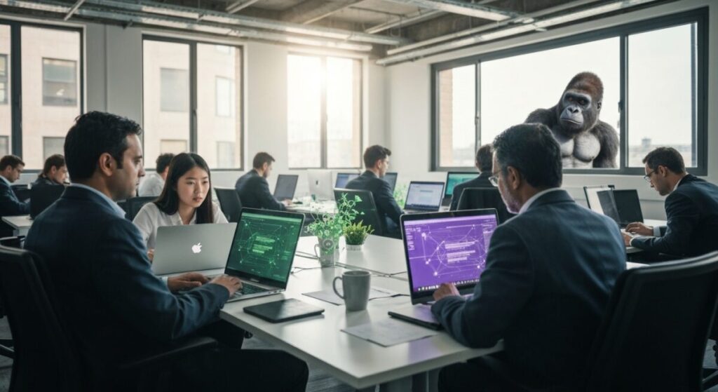 VPNをつないだ社内PCで仕事している人々