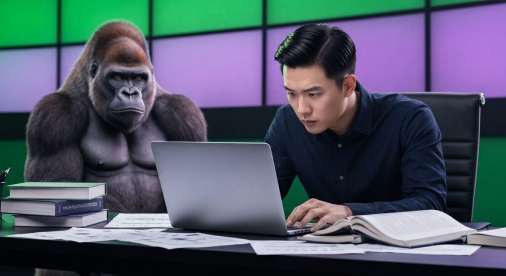 ノートパソコンで作業中の男性がvpnの通信が遅く悩んでいる様子