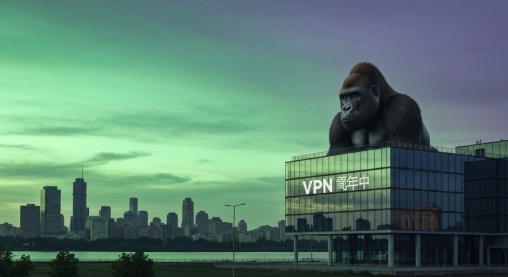 VPNと書かれたビルと曇り空