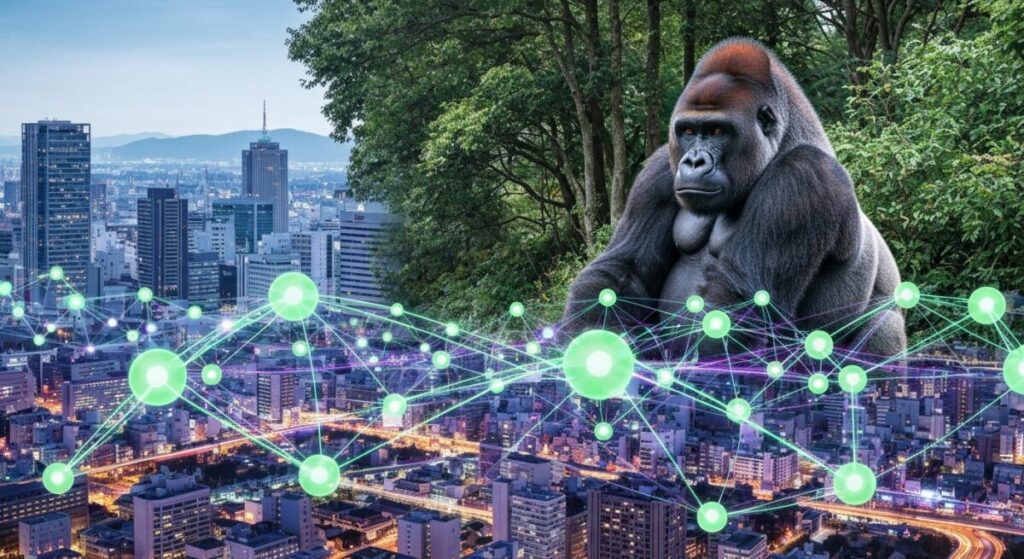 市街地の上空にネットワークが浮かびあがるイメージ構図