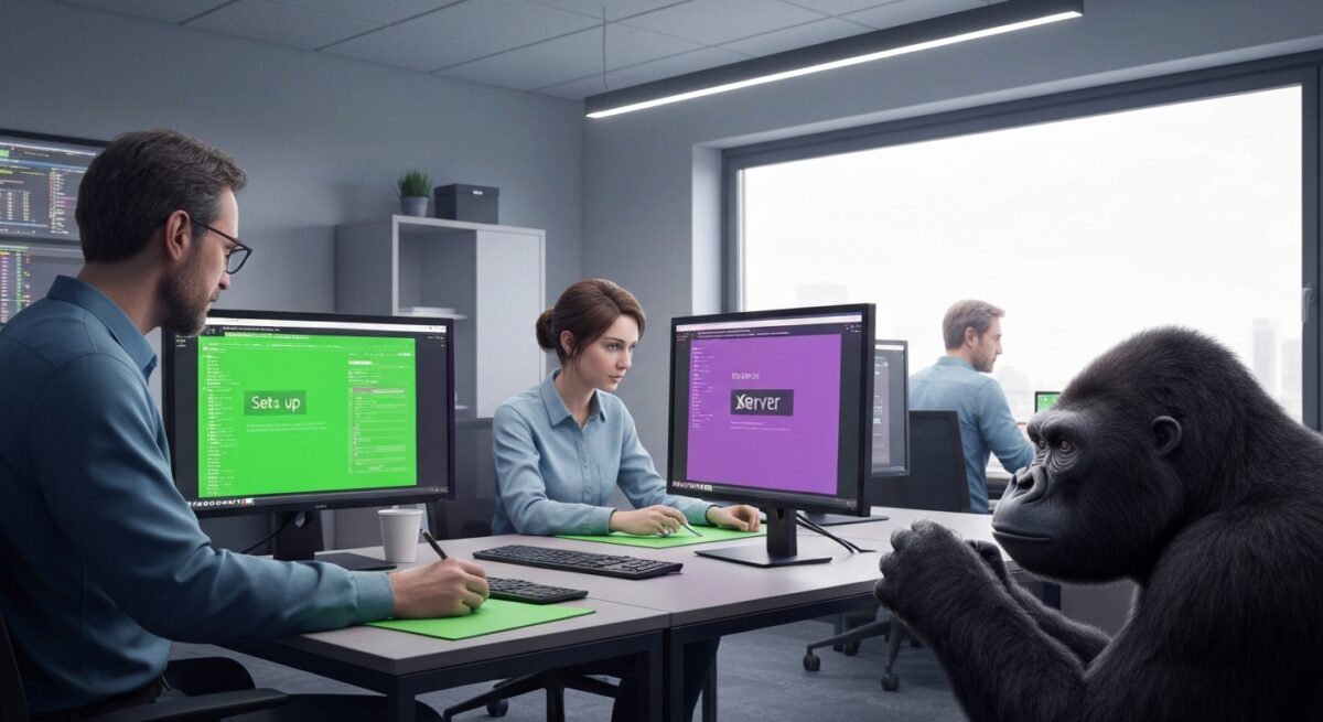 オフィスでXserverのメール設定をする人たち