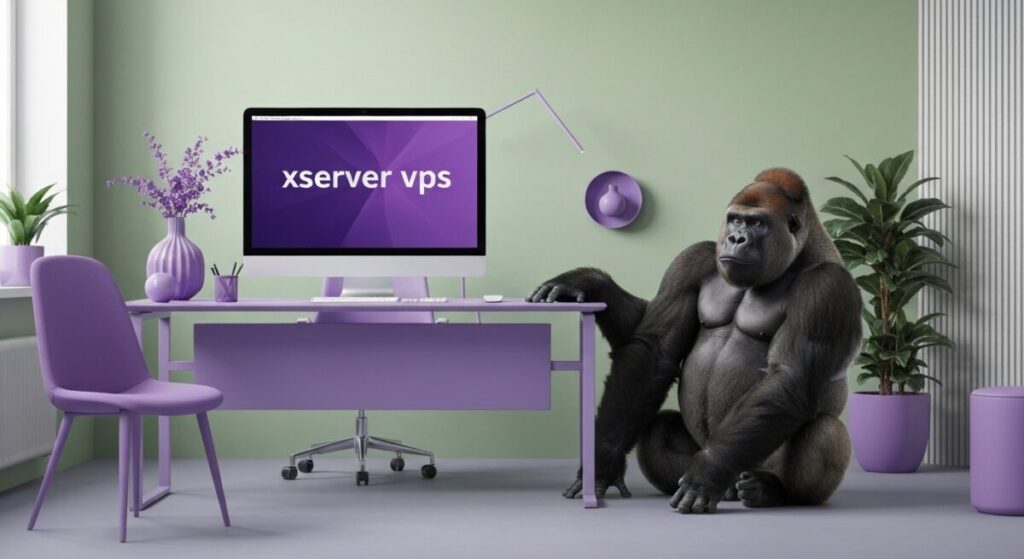 Xserver VPSと書かれているモニターを見るゴリラ