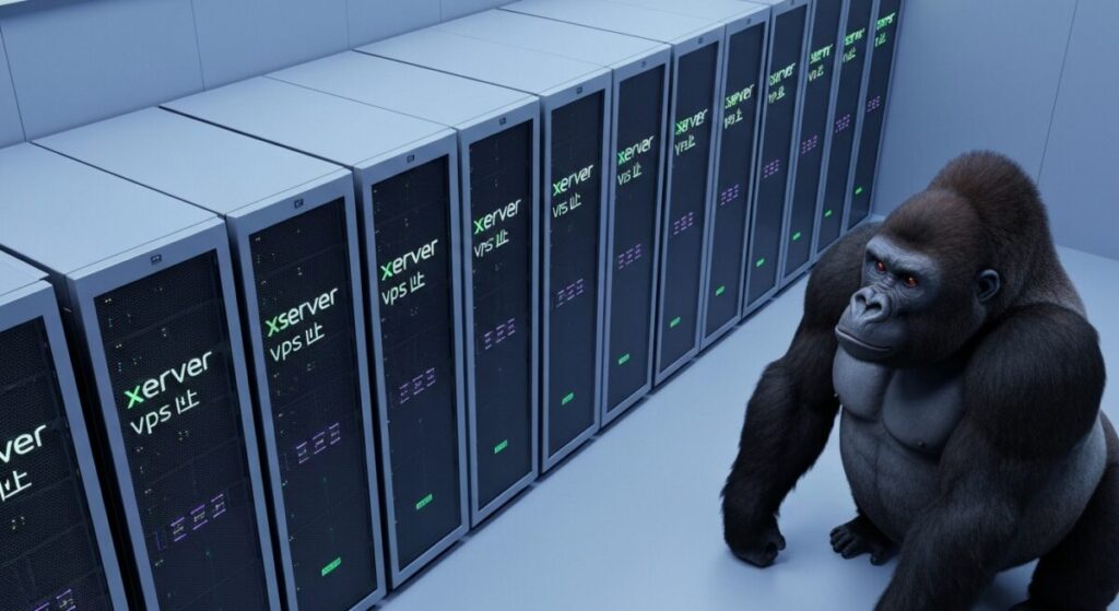立ち並ぶXserver VPSサーバーと見守るゴリラ