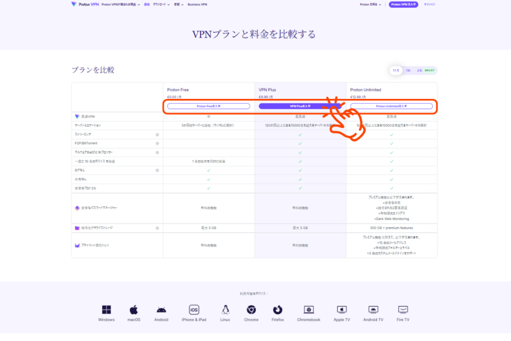 ProtonVPNプランクリック