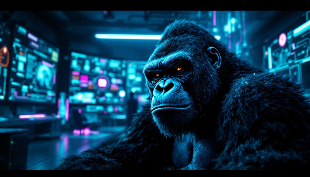 AIエージェントのn8nを紹介するアイキャッチCGイラスト（ゴリラマスコット）