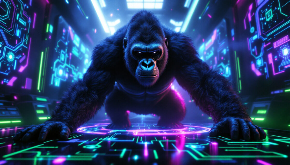 AIエージェントのopenclawを紹介するアイキャッチCGイラスト（ゴリラマスコット）