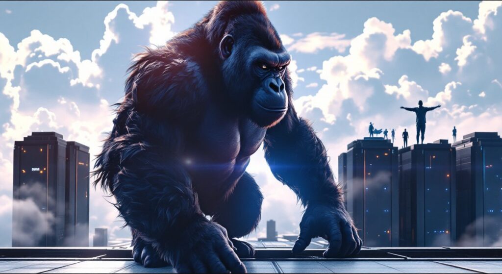 Bluehost VPSの特徴を紹介するアイキャッチCGイラスト（ゴリラマスコット）